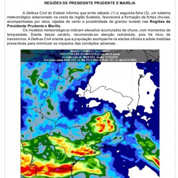 Defesa Civil alerta para fortes chuvas no Estado de São Paulo entre sábado e segunda-feira